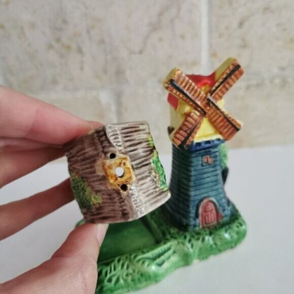 Vintage Windmill House Salt & Pepper Set, Japan Ceramic with Base 3 Pieces - Picture 3 of 9